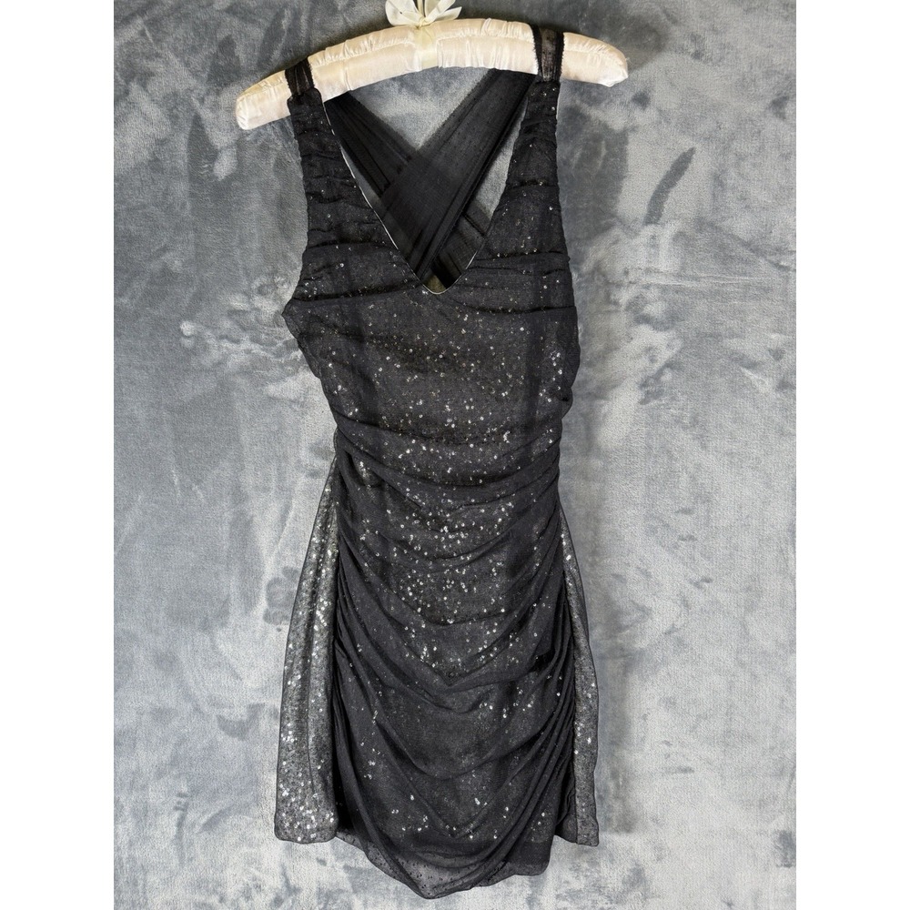 Express Black Silver Sequin Ruched Bodycon Mini Dress Cross Back V-Neck Sz M